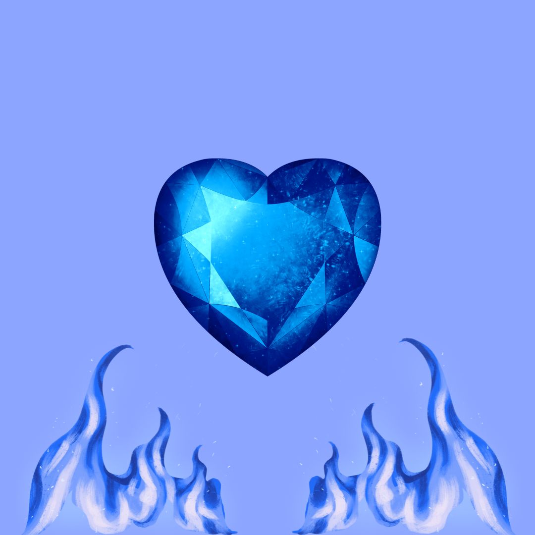 Illustration composée d'un gros cœur en cristal bleuté sur un fond mauve clair, au-dessous duquel brûlent des flammes bleutées