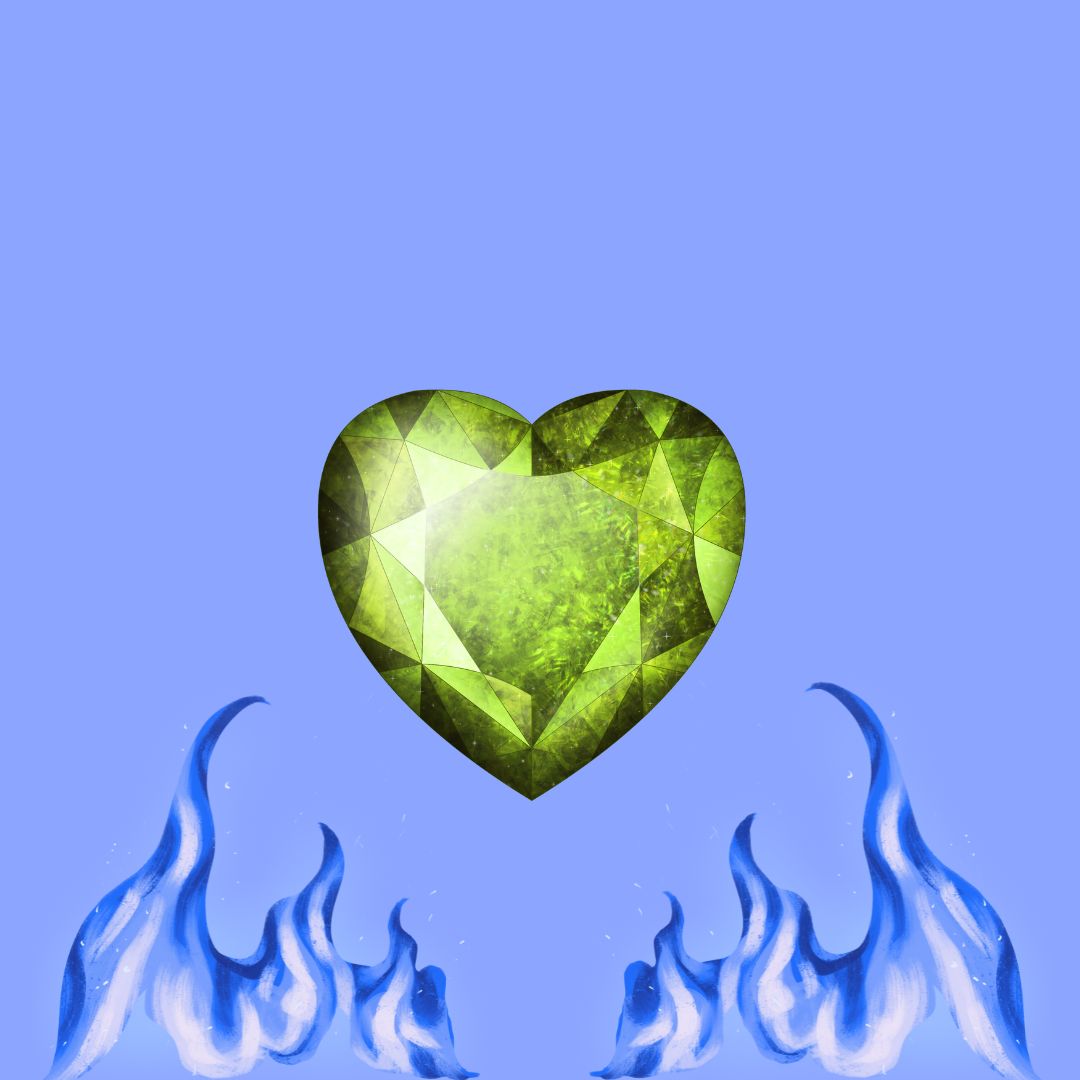Illustration composée d'un gros cœur en cristal vert sur un fond mauve clair, au-dessous duquel brûlent des flammes bleutées