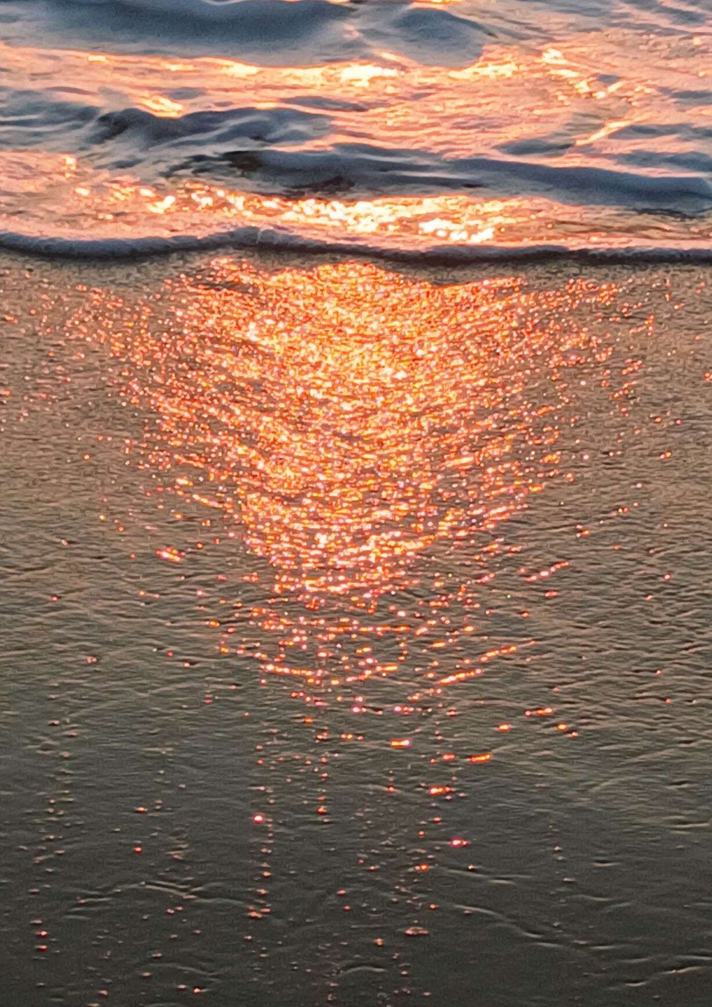 Photo en gros plan du rivage de l'océan au coucher de soleil, juste après qu'une vague se soit retirée: on voit le sable humide recouvert de petites bulles d'écume et des reflets orangés du soleil couchant