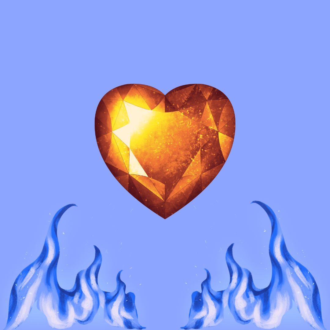 Illustration composée d'un gros cœur en cristal orangé sur un fond mauve clair, au-dessous duquel brûlent des flammes bleutées