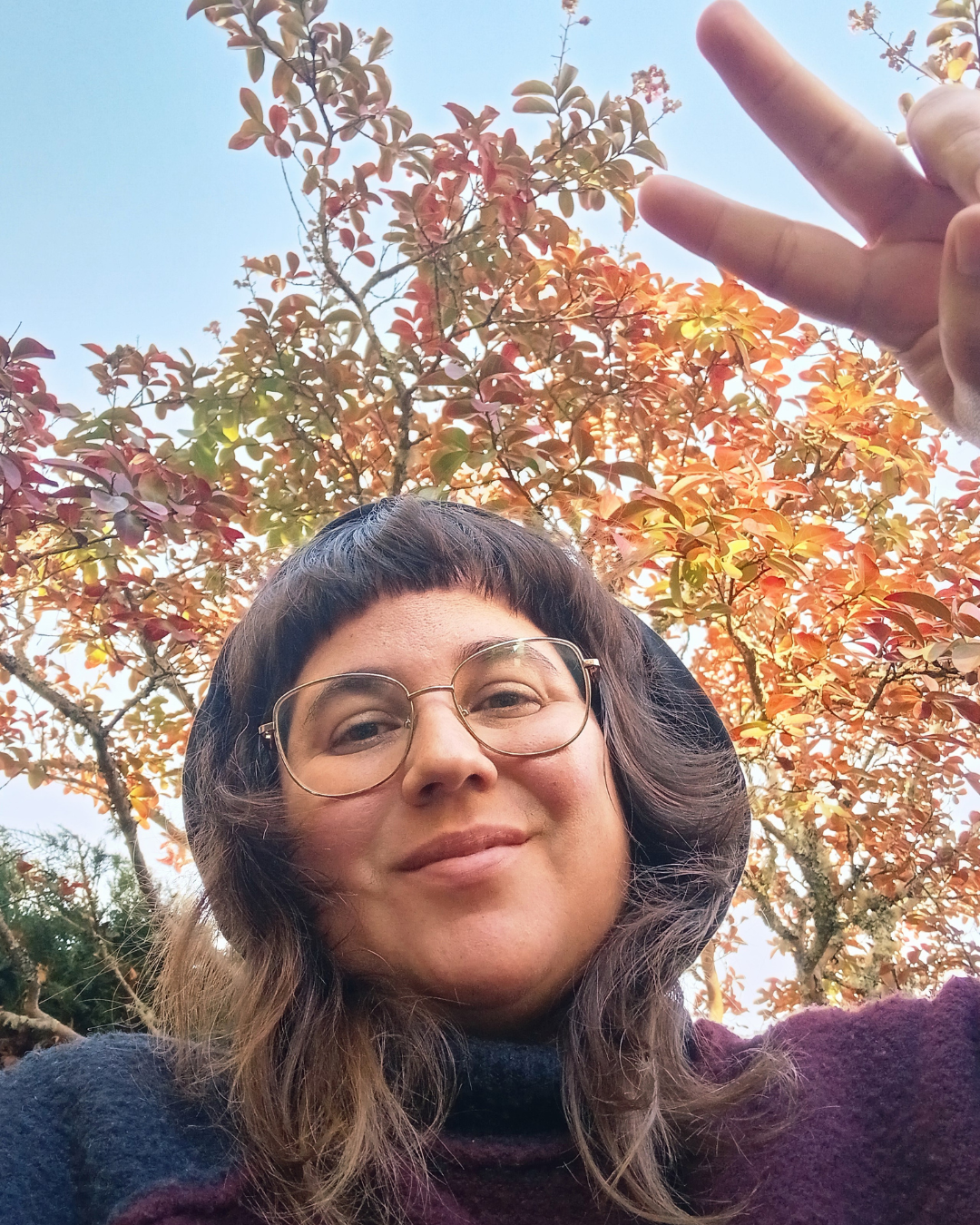 <selfie de moi en contre-plongée devant un petit arbuste lagerstromia aux feuilles automnales, je fais le signe V avec mes doigts